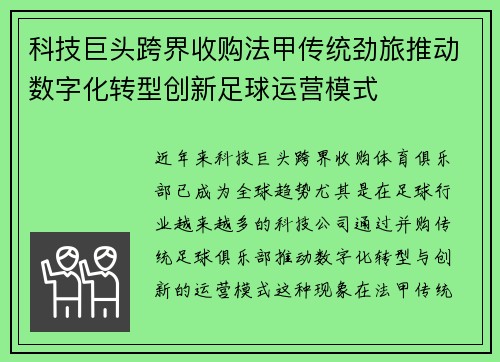 科技巨头跨界收购法甲传统劲旅推动数字化转型创新足球运营模式