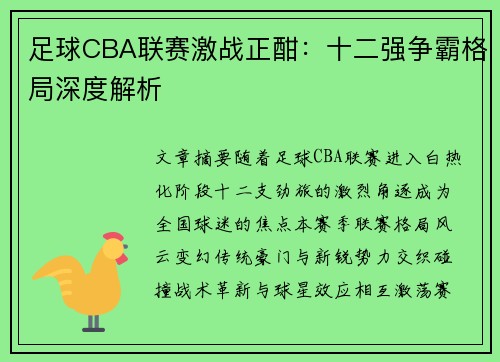 足球CBA联赛激战正酣：十二强争霸格局深度解析