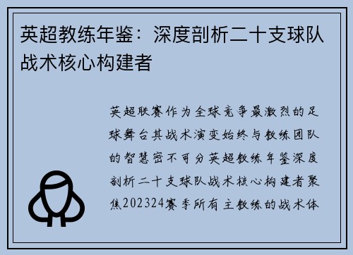 英超教练年鉴：深度剖析二十支球队战术核心构建者